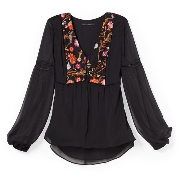 WHBM GORGEOUS! Floral Embroidered Blouse Black Translucent Sleeves 14 - Picture 5 of 9